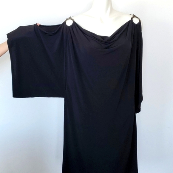 Lori M Black Cold Shoulder Cutout Drape Neckline Wide Sleeve Dress Large - Picture 2 of 12